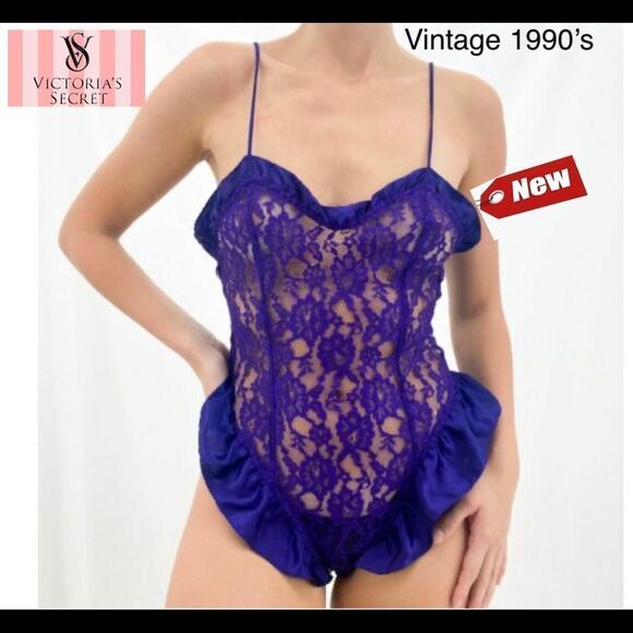 Vintage 1990’s Victoria's Secret Gold Label Ruffle Lace Teddy Bodysuit Purple S - Picture 1 of 12